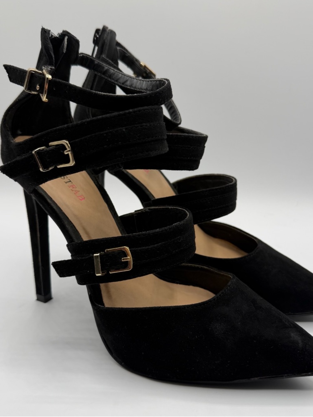 JustFab Kamryn Heels 7.5 Black Strappy Pointed Toe Stiletto Buckle Goth